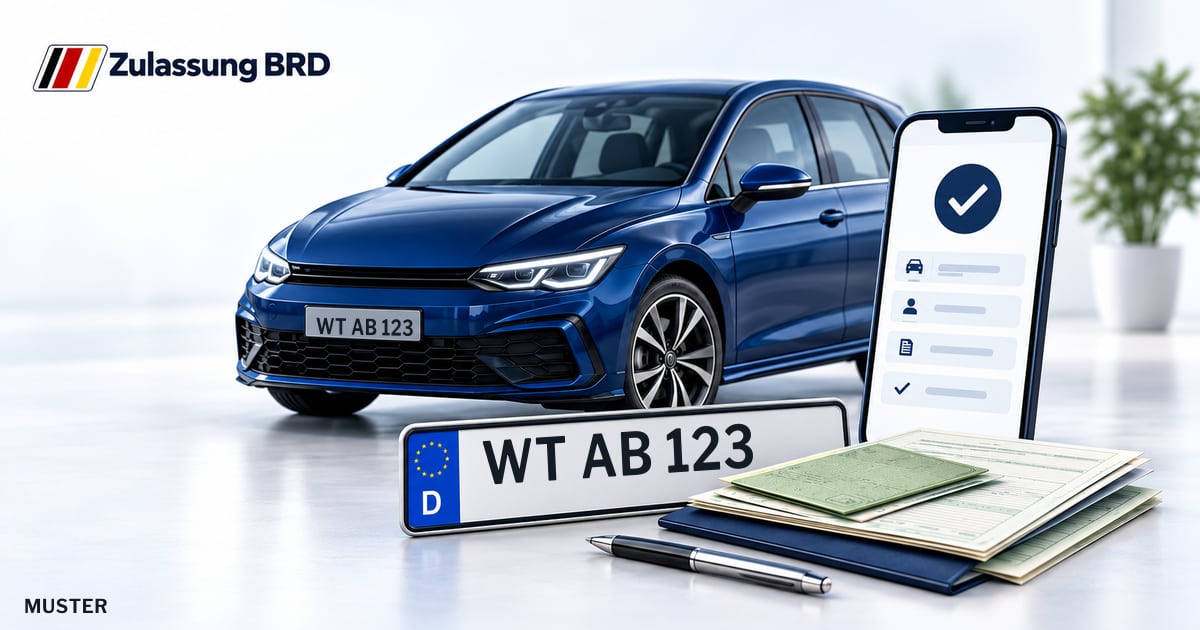 Online Fahrzeugzulassung in Landkreis Waldshut: Musterkennzeichen WT AB 123, Auto und Fahrzeugpapiere und Smartphone. Illustration mit Logo von Zulassung BRD.